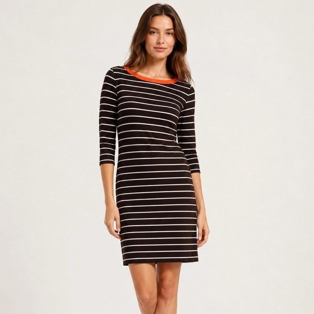 Lauren Ralph Lauren XL Brown White Stripe Boat Neck 3/4 Shirt Dress Orange trim
